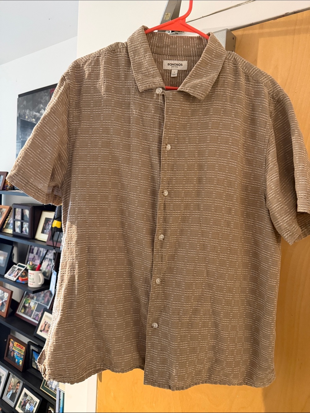Bonobos Short-Sleeve Button-Down Shirt in Taupe with White Stitching